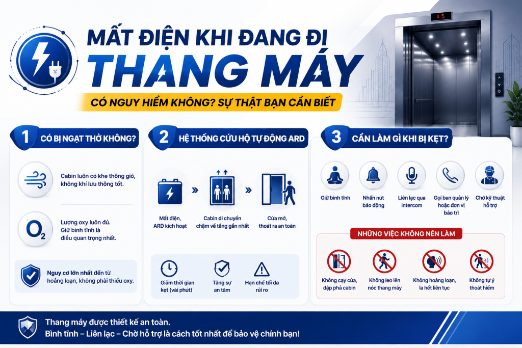 Mất điện khi đang đi thang máy có gây nguy hiểm không?