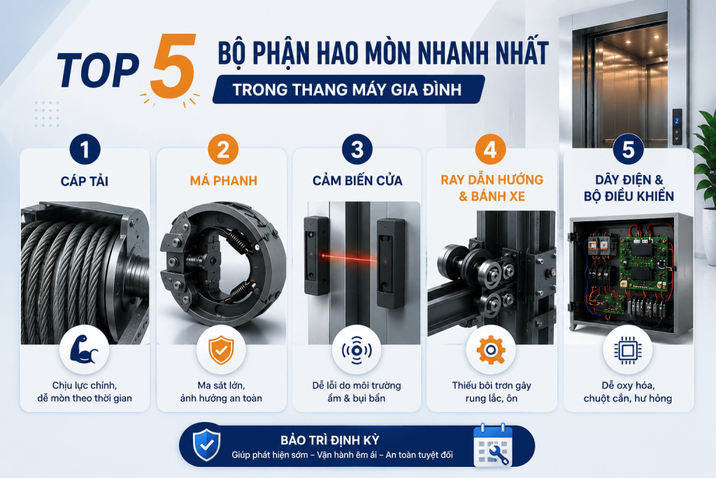 Top 5 các bộ phận thang máy hao mòn nhanh nhất